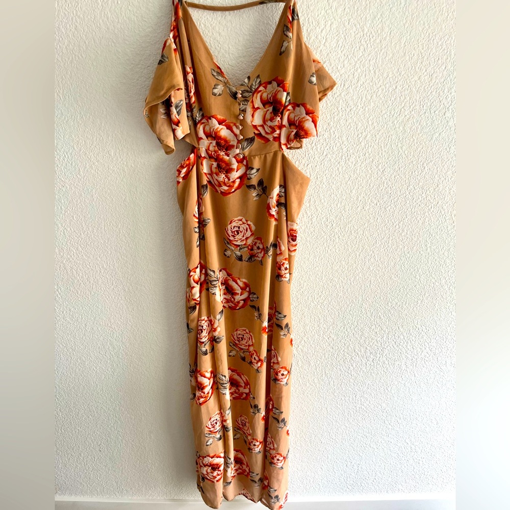 Cream Floral Maxi dress with off shoulder detail
